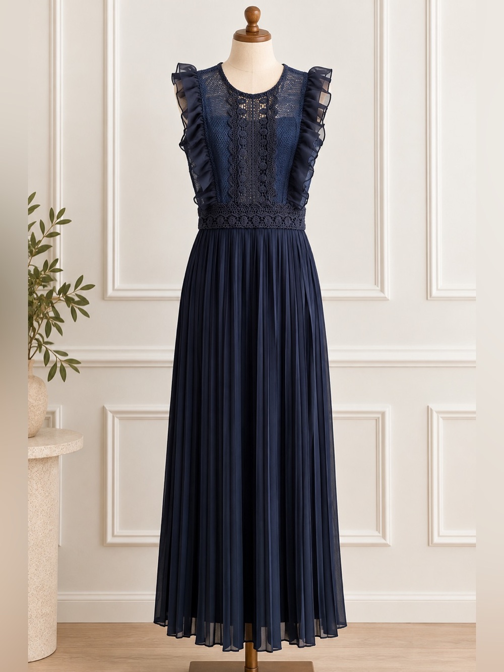 Amelia Rose Navy Lace Ruffle Pleated Maxi Dress US 2 Romantic Formal